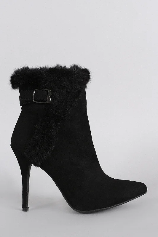 Anne Michelle Buckle Faux Fur Collar Pointy Toe Stiletto Ankle Boots