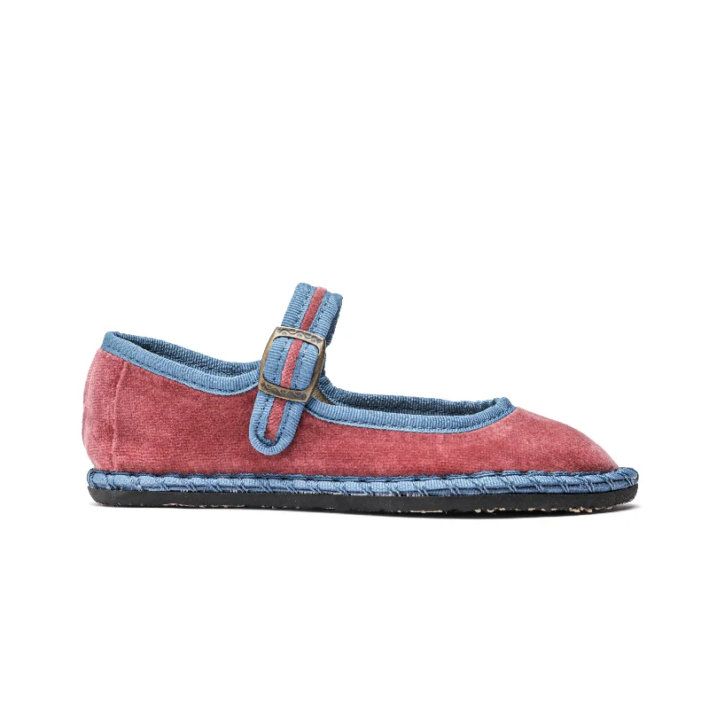 Velvet Contrast Mary Janes In Rose And Blue