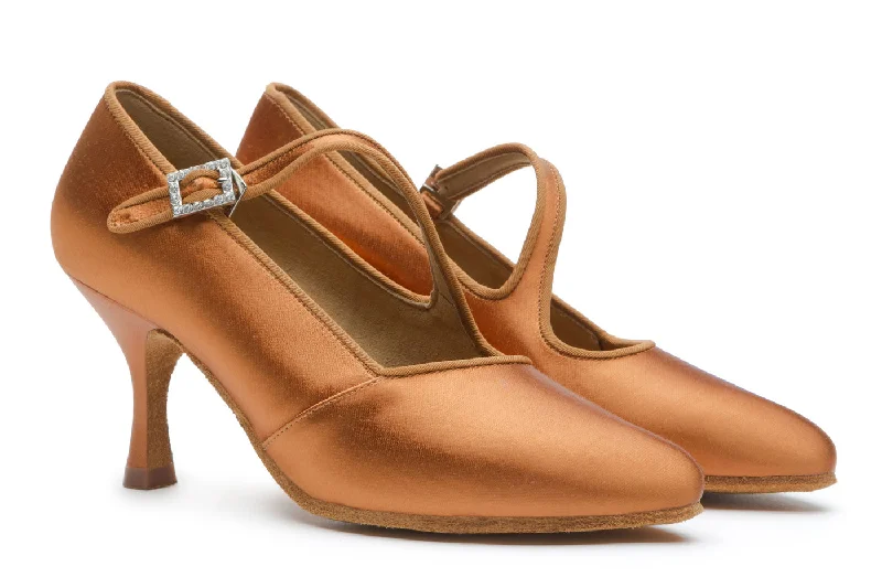 BD Dance 149 Ladies Tan Satin Ballroom Dance Shoe with Diagonal Strap