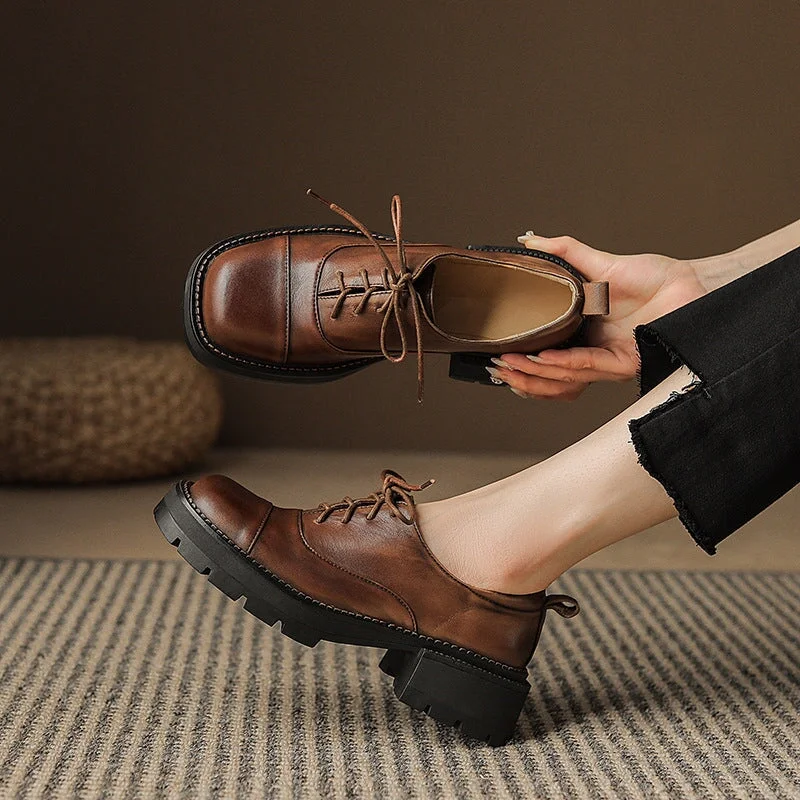 Handmade Genuine Leather 40mm Platform Cap Toe Oxford Shoes in Brown/Black/Coffee